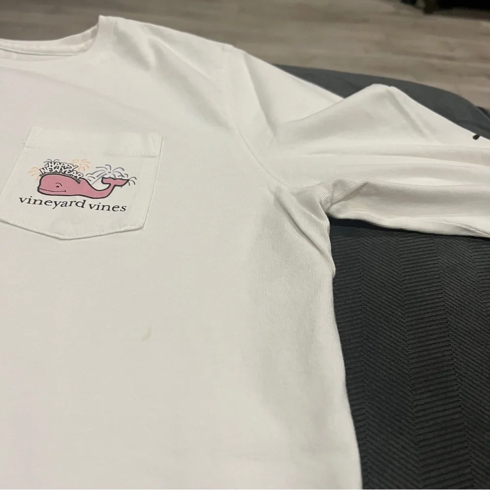 Kids Vineyard Vines White Long Sleeve Pocket Tee with Pink Whale Pocket Graphic